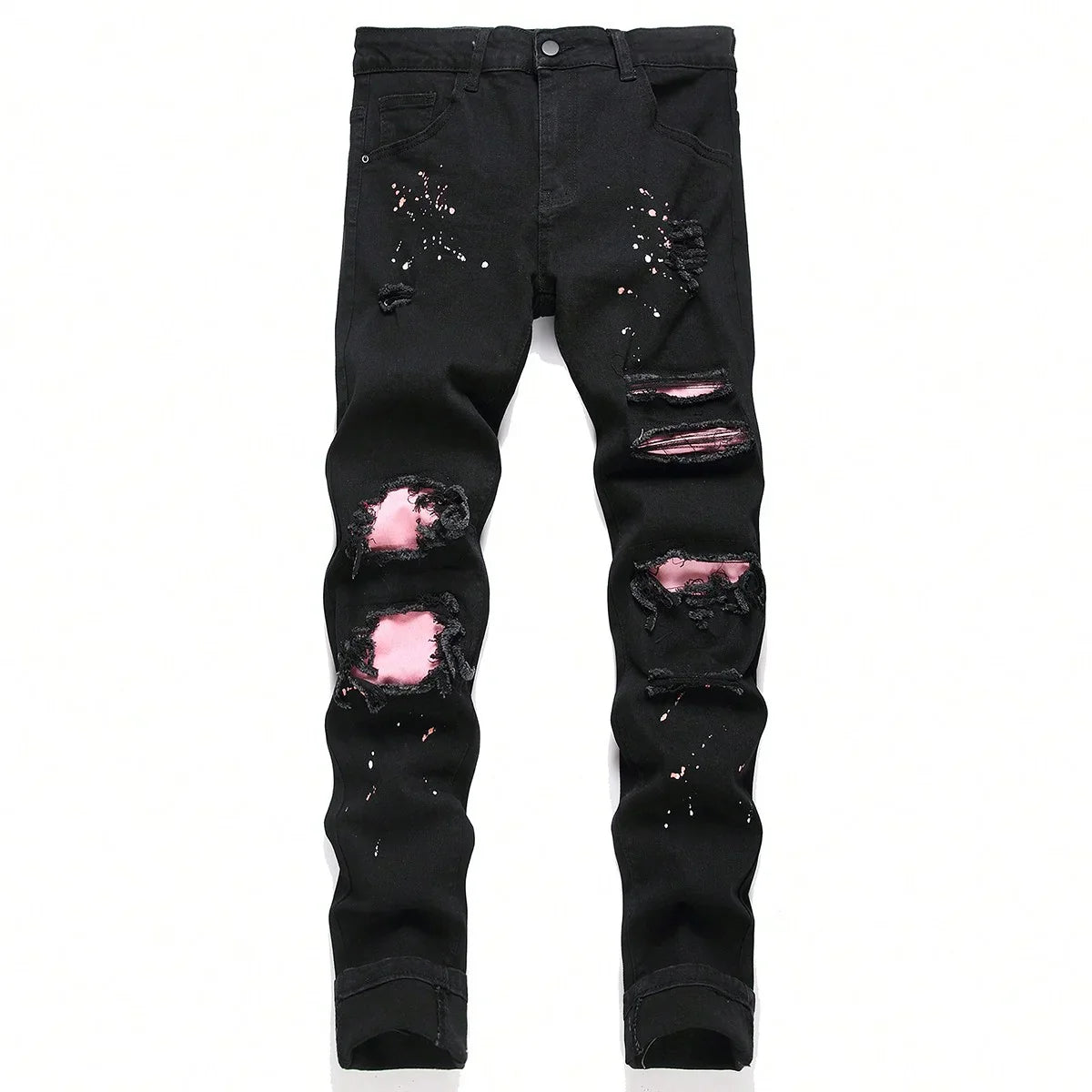 BOGGO Men y2k Stretchy Skinny Denim Jeans For Men Casual pants Ripped Patchwork Hole Slim Fit Denim Hip Hop Black Straight Trousers