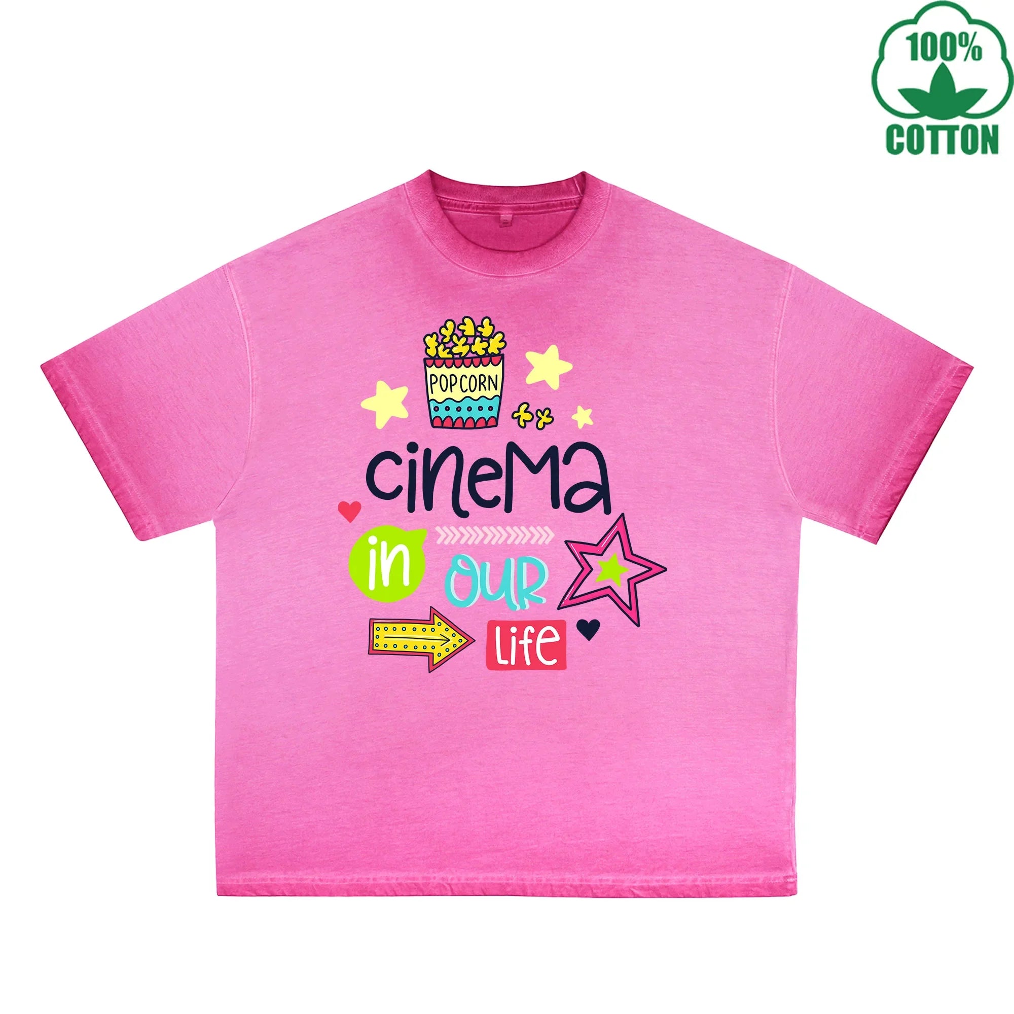 BOGGO  Cinema In Our Life Printed Dirty WashT-Shirt 230G Multicolor Loose Trendy Fashionable 100%Cotton Short Sleeve Top