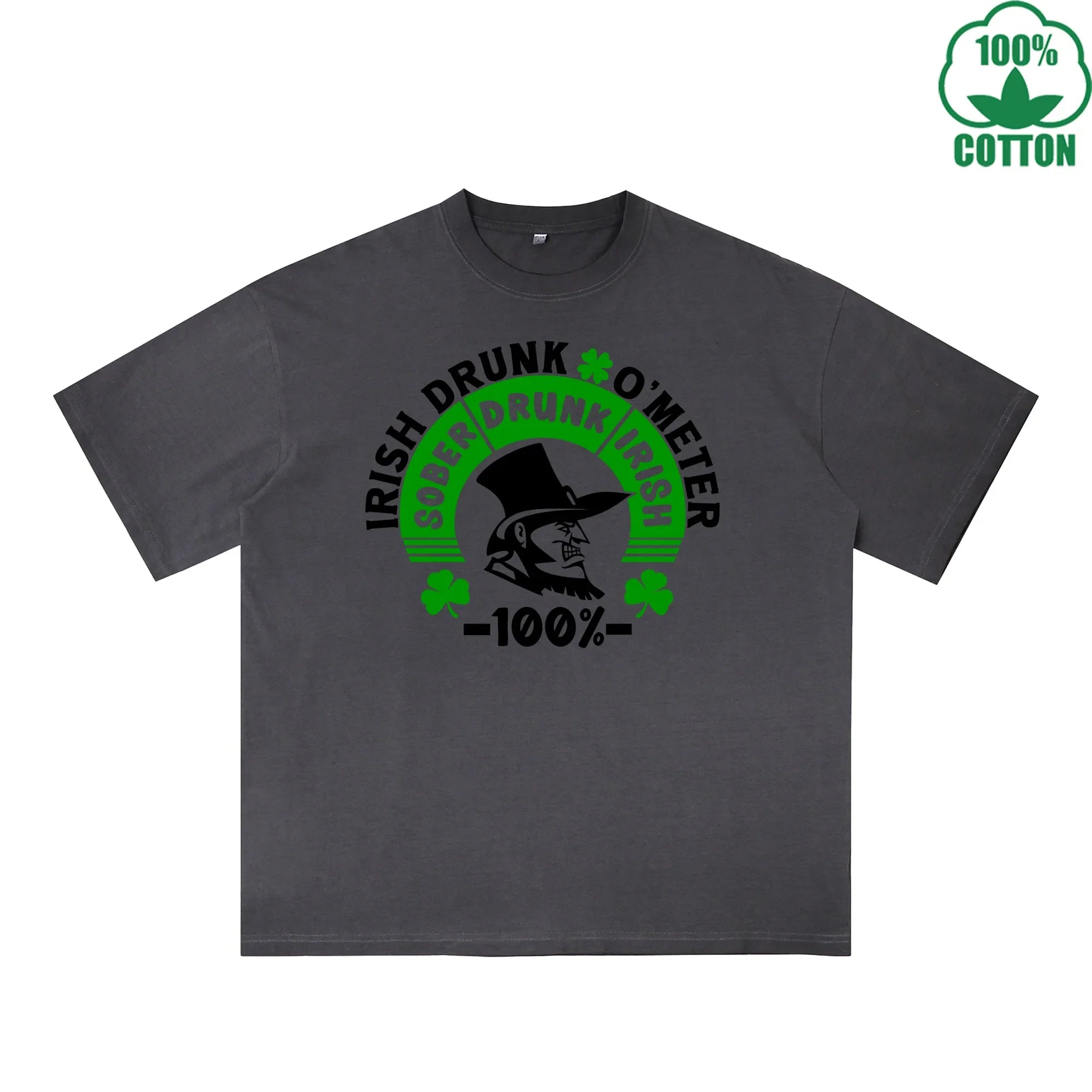 BOGGO  Irish Drunk Meter Printed Dirty Wash T-Shirt 230G Multicolor Loose Trendy Fashionable 100%Cotton Short Sleeve Top