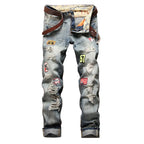 New Men's Hip Hop High Street Motorcycle Jeans Badge Distressed Ripped Denim Trousers Male Non-stretch Straight Slim Fit Jeans