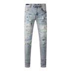 BOGGO Streetwear Men Jeans Fashion Trend American High Street Retro wash Low Rise Elastic Skinny Pleated Ripped Denim Pants