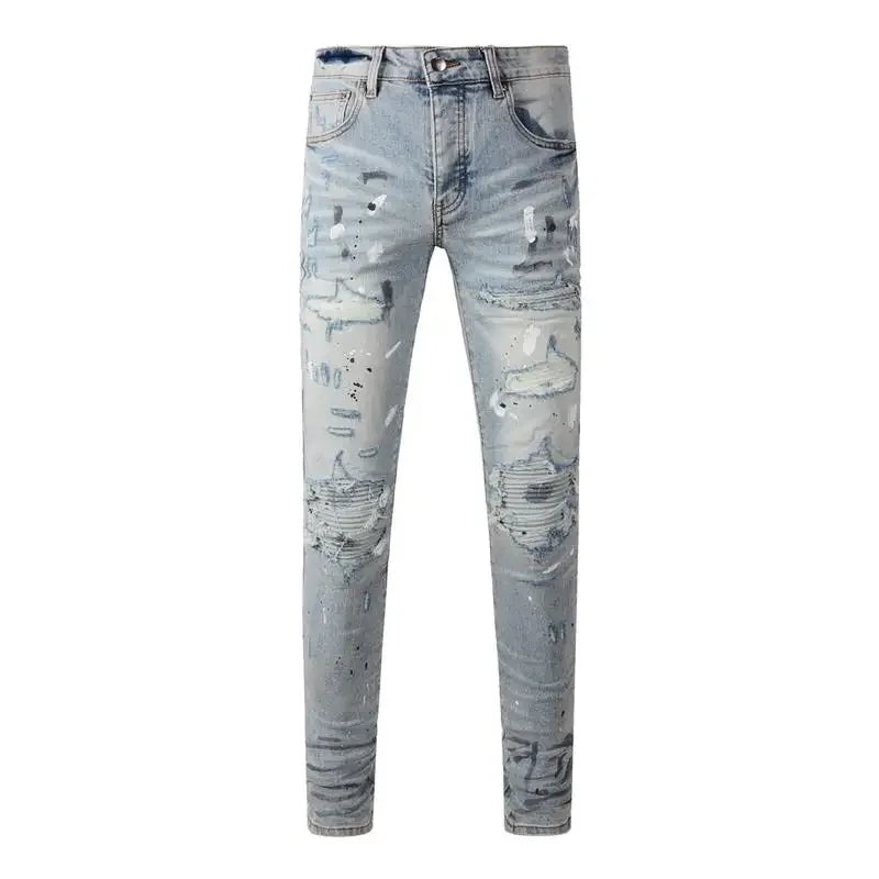 BOGGO Streetwear Men Jeans Fashion Trend American High Street Retro wash Low Rise Elastic Skinny Pleated Ripped Denim Pants
