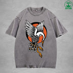 BOGGO  Red Crowned CraneInterest Printed Washed T-Shirt 230G Multicolor Loose Trendy Fashionable 100%Cotton Short Sleeve Top