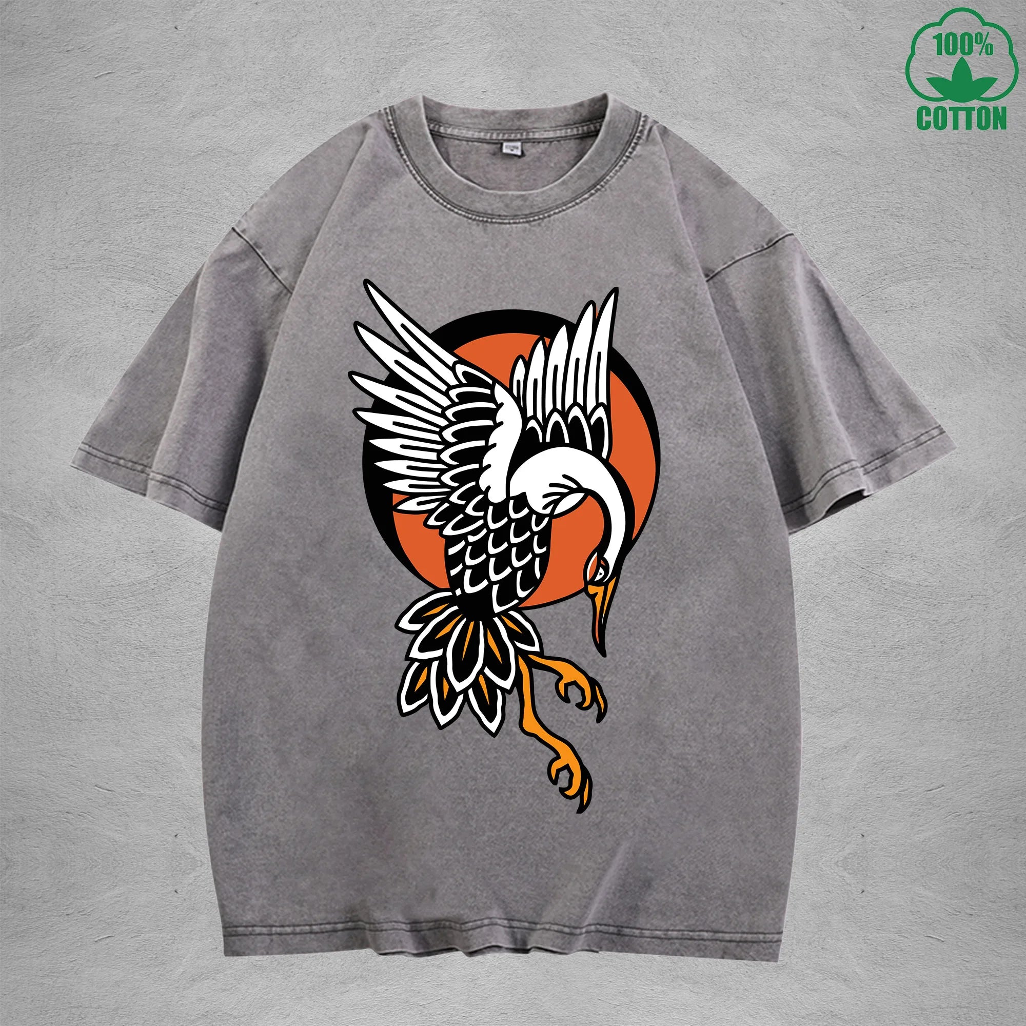 BOGGO  Red Crowned CraneInterest Printed Washed T-Shirt 230G Multicolor Loose Trendy Fashionable 100%Cotton Short Sleeve Top