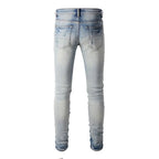 BOGGO Men Leather Pleated Patches Biker Jeans Streetwear Skinny Tapered High Stretch Denim Pants Holes Ripped Distressed Trousers