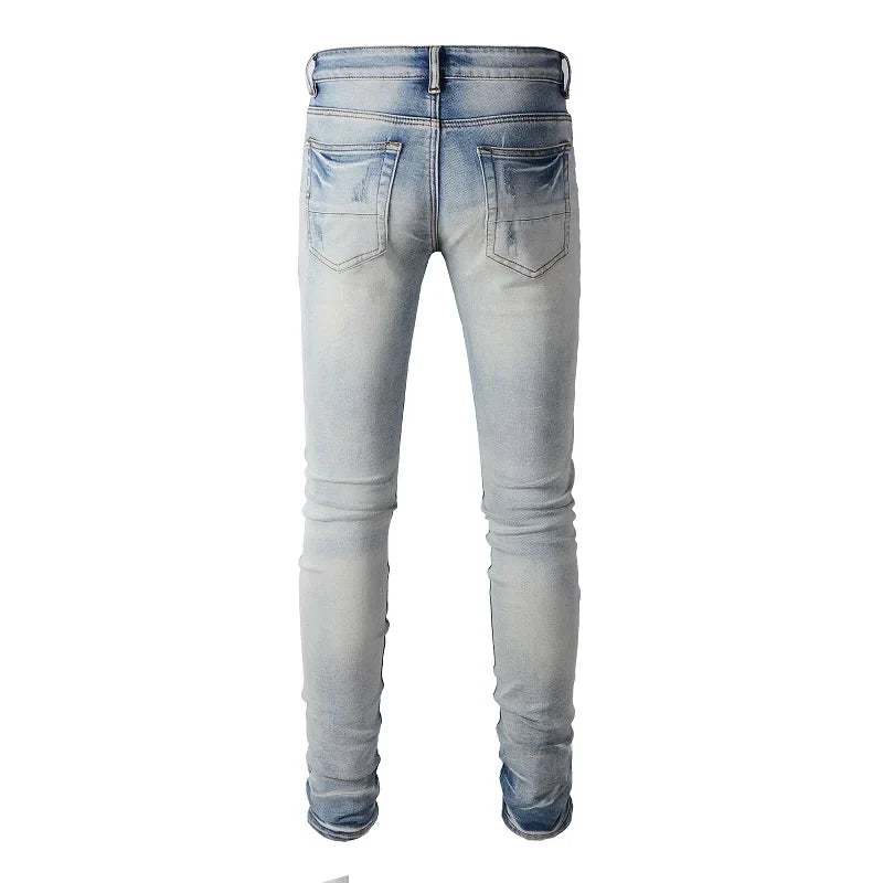 BOGGO Men Leather Pleated Patches Biker Jeans Streetwear Skinny Tapered High Stretch Denim Pants Holes Ripped Distressed Trousers