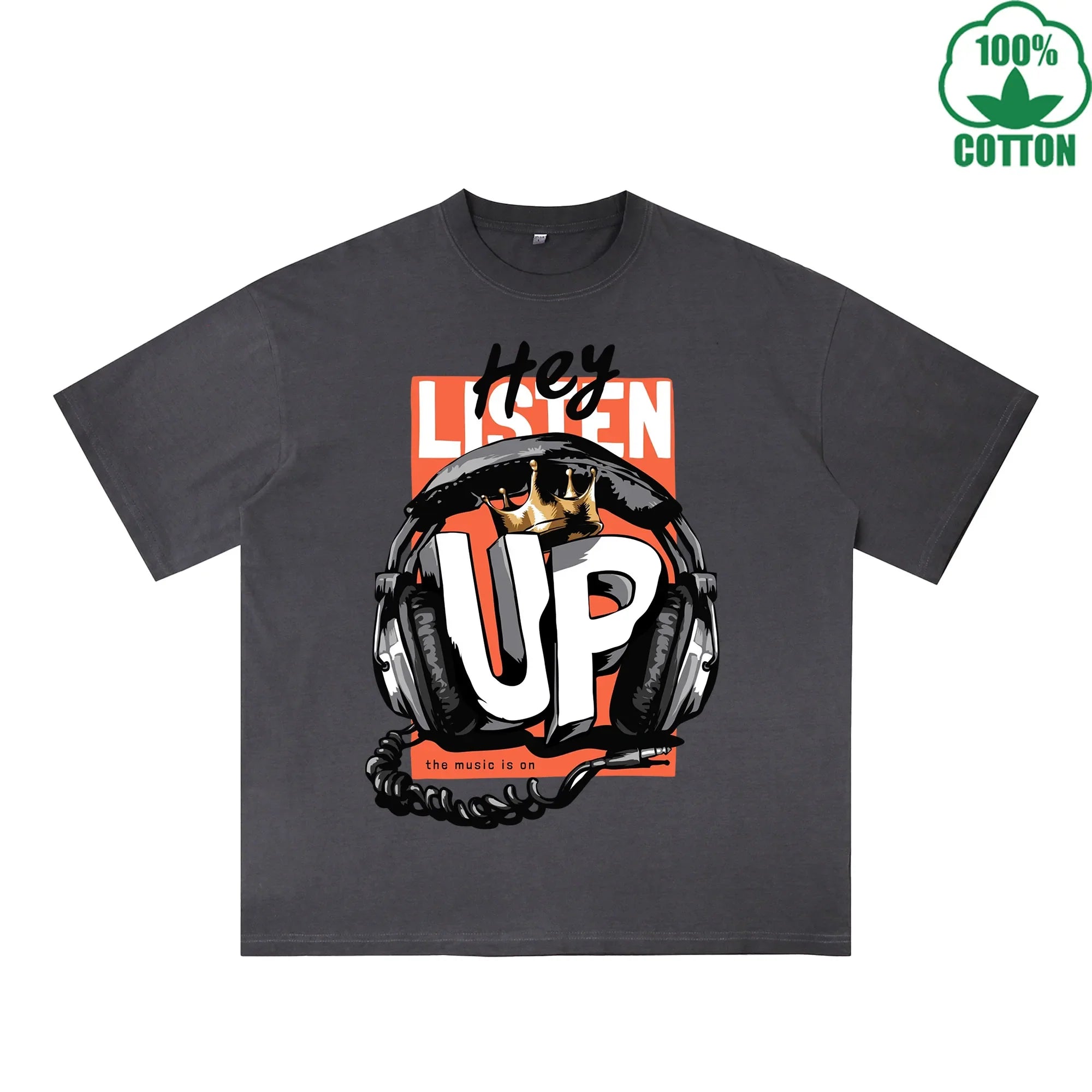BOGGO  Hey Listen UP Printed Dirty WashT-Shirt 230G Multicolor Loose Trendy Fashionable 100%Cotton Short Sleeve Top