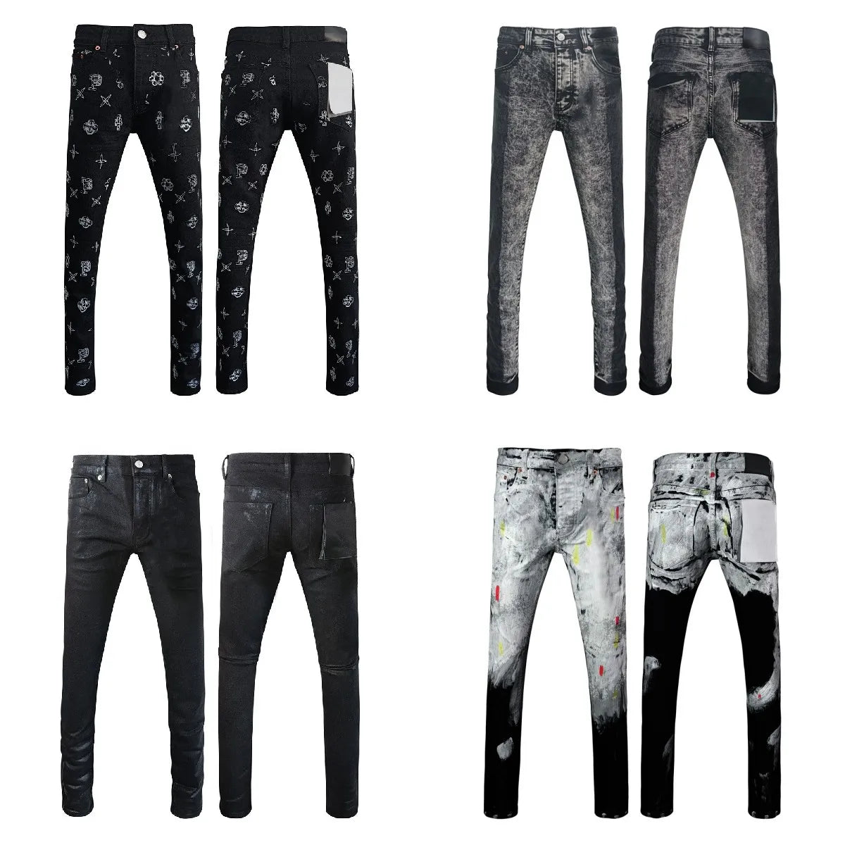 BOGGO Men Jeans Fashion Americans High street Retro wash black Splashing ink graffiti print Low Rise Elastic Skinny Jeans Brand pants