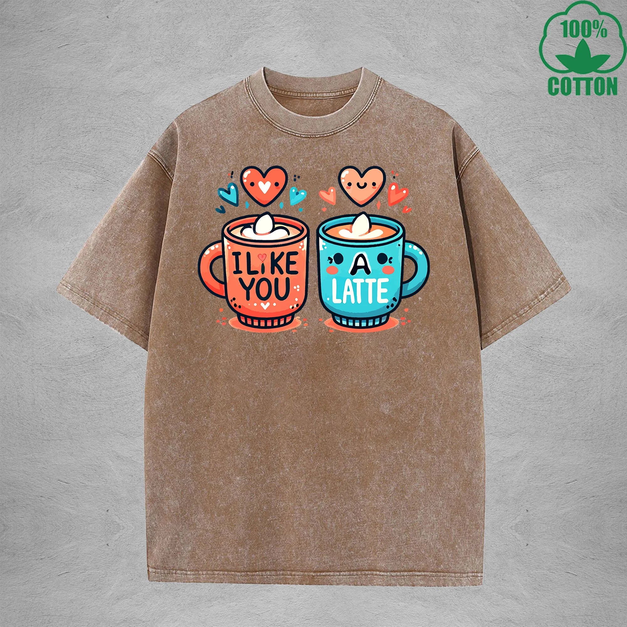 BOGGO  I Like You A LatteInterest Printed Washed T-Shirt 230G Loose Trendy Fashionable 100%Cotton Short Sleeve Top
