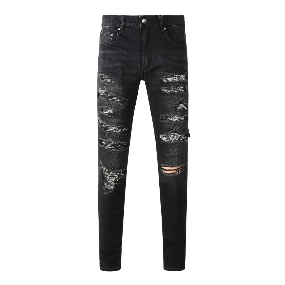 BOGGO Streetwear Men Jeans Fashion Trend American High Street Retro wash Low Rise Elastic Skinny Pleated Ripped Denim Pants