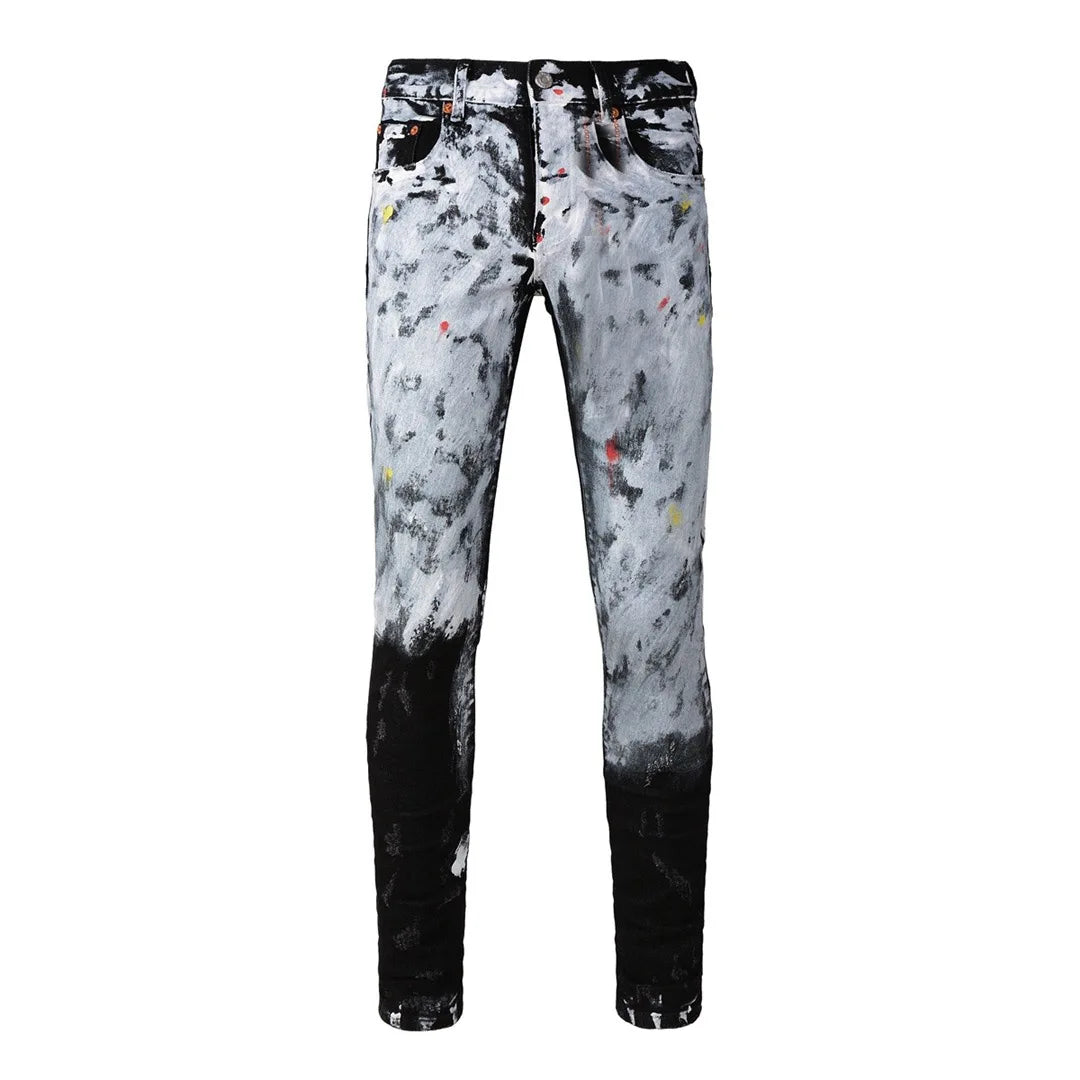 BOGGO High Street Men's Jeans American Distressed Dark Black Coated Blank Stretch Skinny Button Fly Ripped Pants Trousers