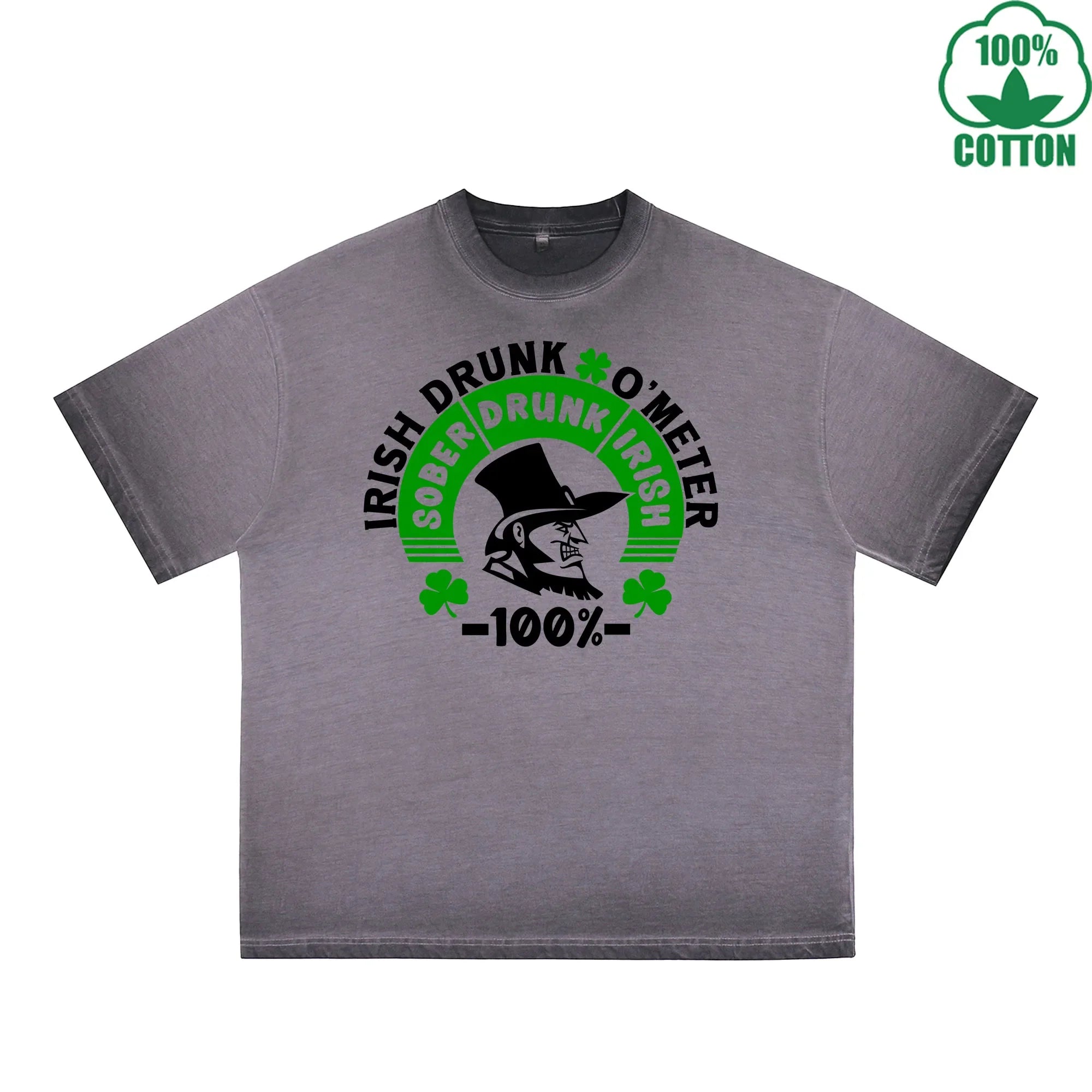 BOGGO  Irish Drunk Meter Printed Dirty Wash T-Shirt 230G Multicolor Loose Trendy Fashionable 100%Cotton Short Sleeve Top