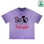 BOGGO  My Cat is My Valentine Printed Dirty Wash T-Shirt 230G Multicolor Loose Trendy Fashionable 100%Cotton Short Sleeve Top