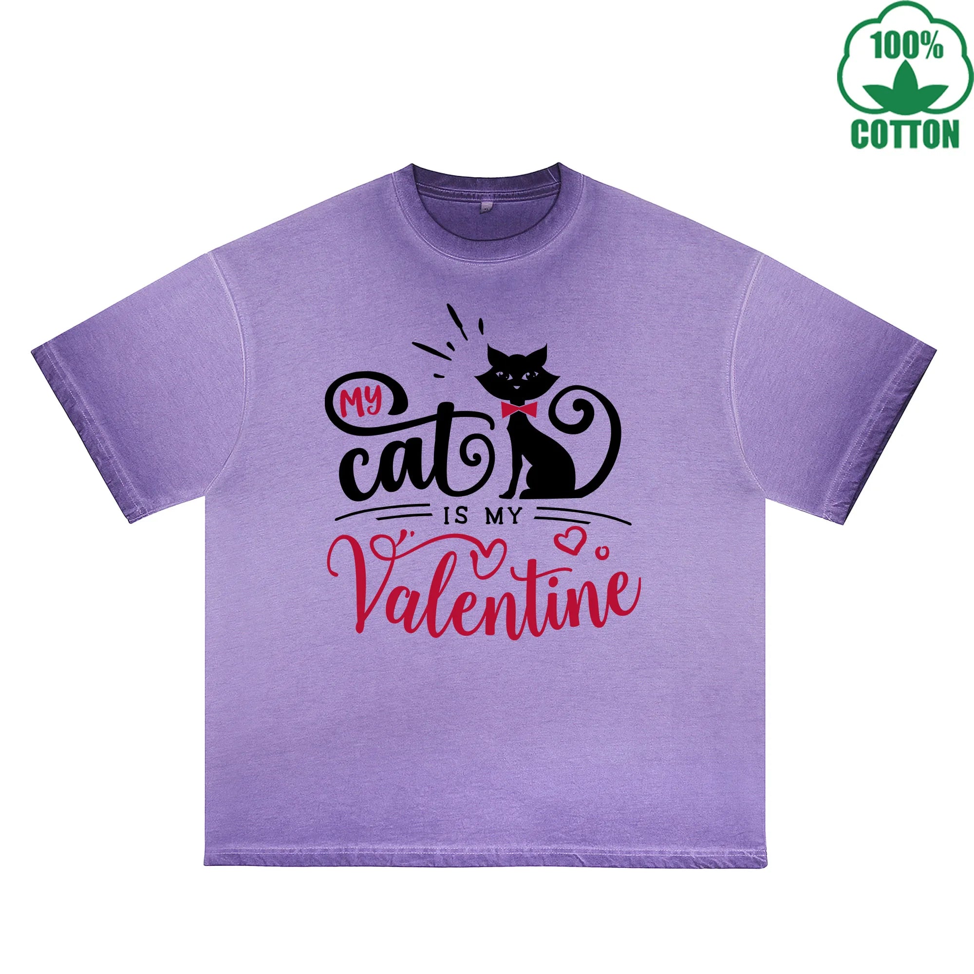 BOGGO  My Cat is My Valentine Printed Dirty Wash T-Shirt 230G Multicolor Loose Trendy Fashionable 100%Cotton Short Sleeve Top
