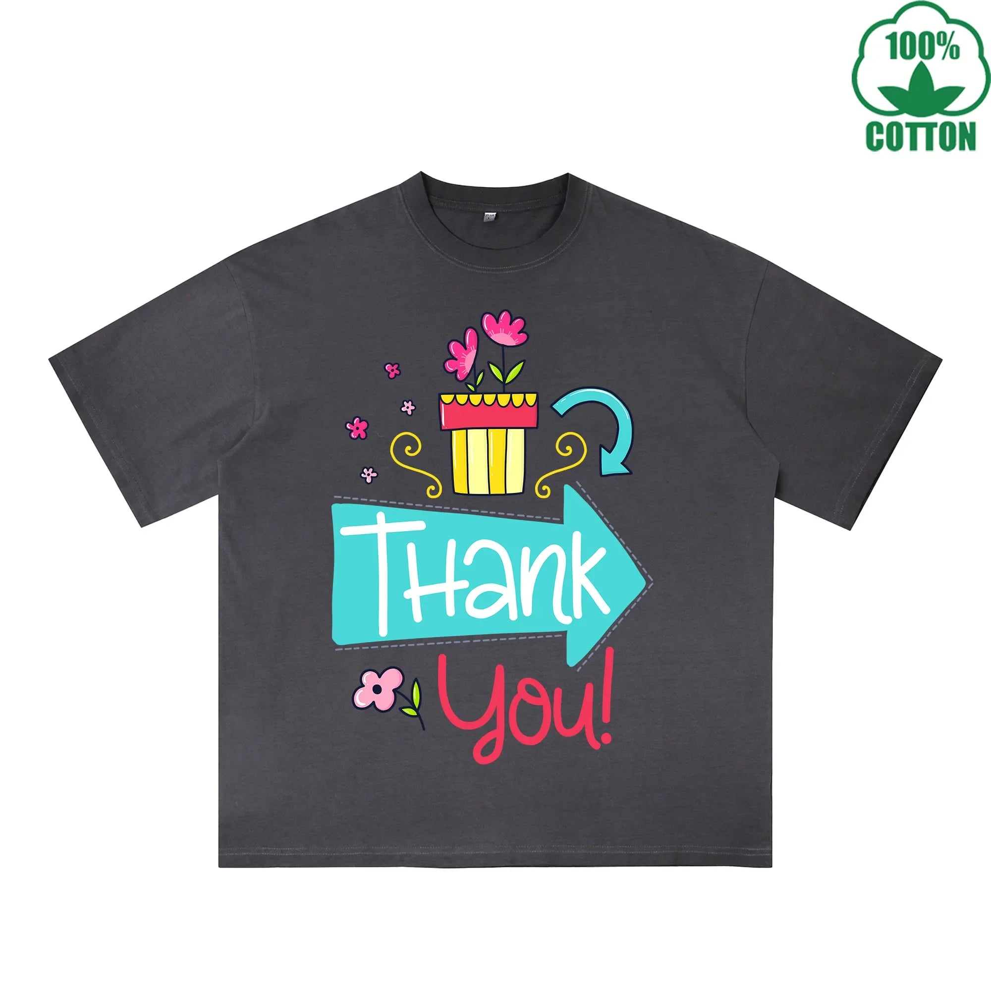 BOGGO  Thank You Printed Dirty WashT-Shirt 230G Multicolor Loose Trendy Fashionable 100%Cotton Short Sleeve Top