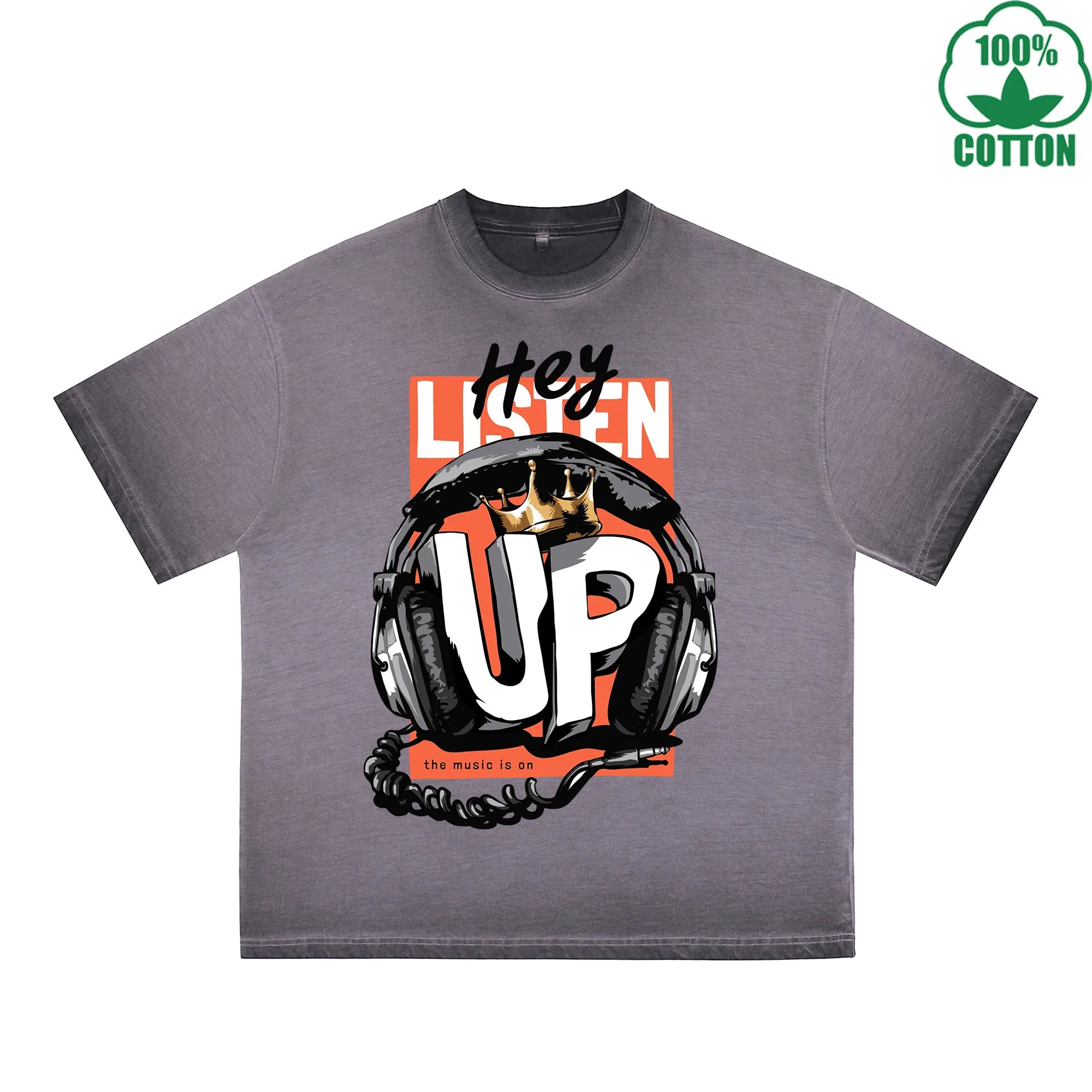 BOGGO  Hey Listen UP Printed Dirty WashT-Shirt 230G Multicolor Loose Trendy Fashionable 100%Cotton Short Sleeve Top