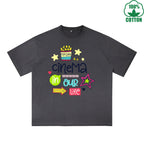 BOGGO  Cinema In Our Life Printed Dirty WashT-Shirt 230G Multicolor Loose Trendy Fashionable 100%Cotton Short Sleeve Top