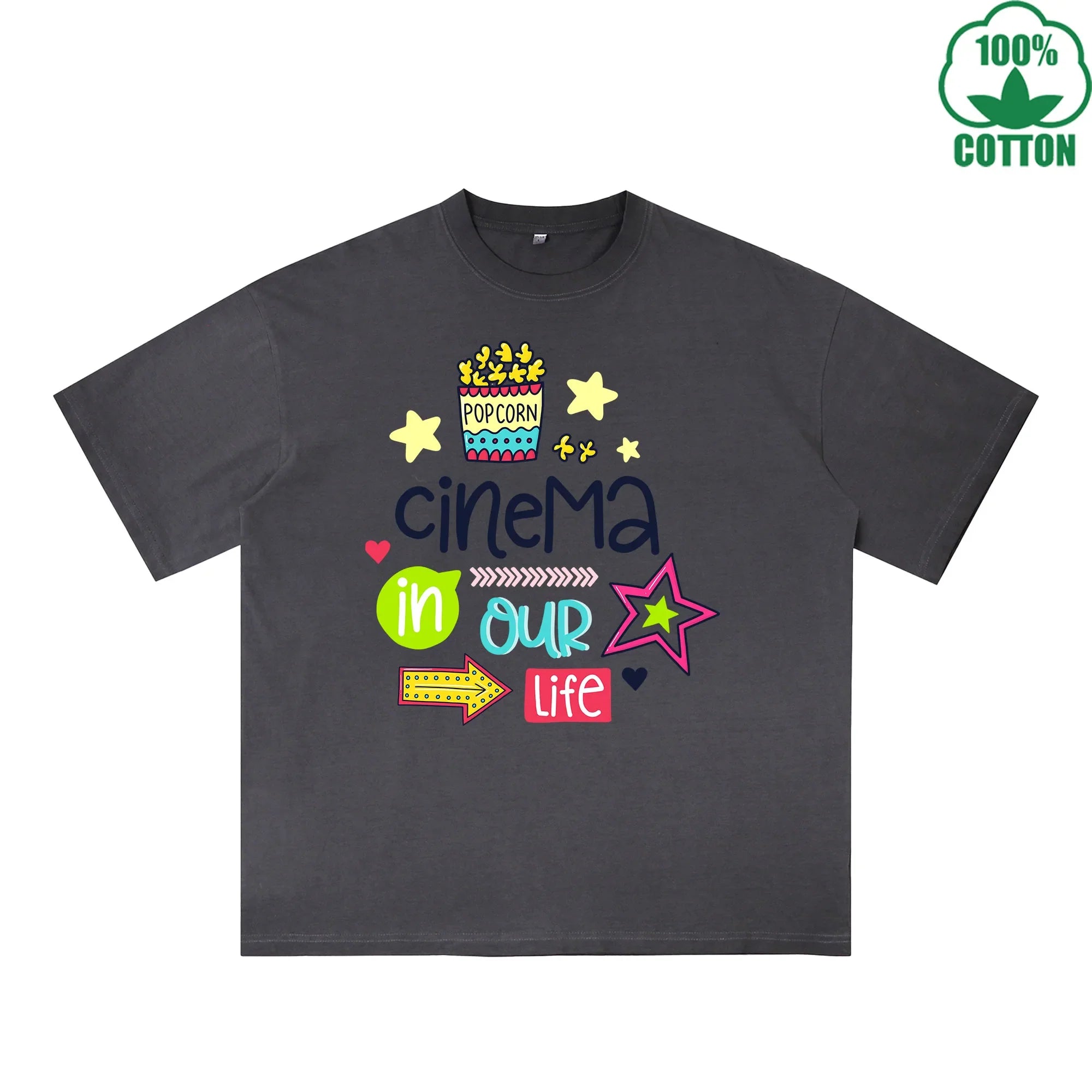 BOGGO  Cinema In Our Life Printed Dirty WashT-Shirt 230G Multicolor Loose Trendy Fashionable 100%Cotton Short Sleeve Top