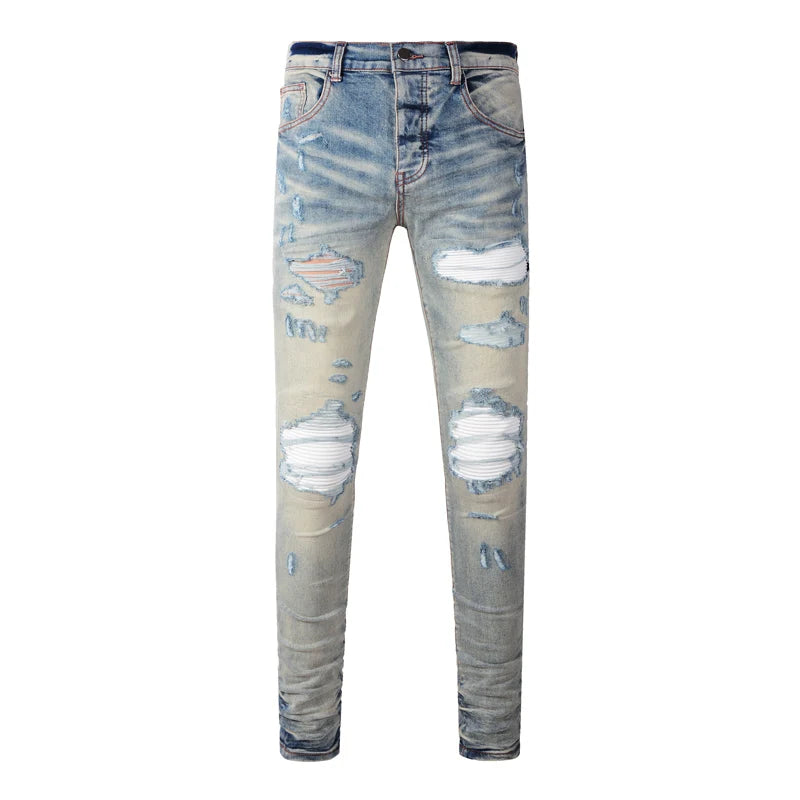 Fashionable new blue men's jeans, washed, nostalgic, elastic, slim fit, perforated patch, jeans, high street designer, high-qual