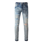 BOGGO High Street Men's Jeans American Distressed Dark Black Coated Blank Stretch Skinny Button Fly Ripped Pants Trousers
