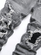 BOGGO Men¡®s Stretchy Denim Jeans Streetwear Tearing Patchwork Holes Ripped Denim Elastic Waist Casual Pants Slim fit Straight Trousers