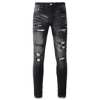 BOGGO High Street Men's Jeans American Distressed Dark Black Coated Blank Stretch Skinny Button Fly Ripped Pants Trousers
