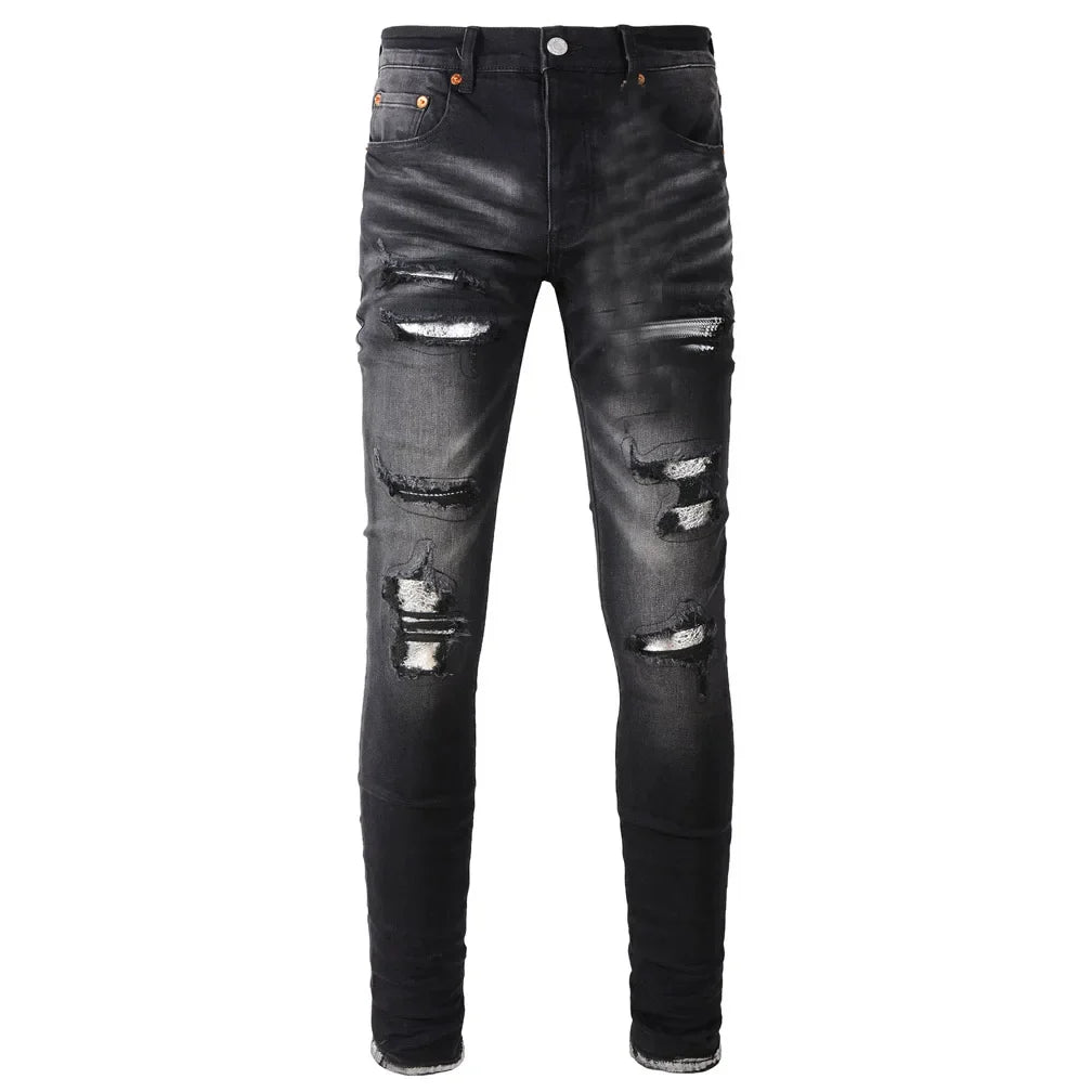 BOGGO High Street Men's Jeans American Distressed Dark Black Coated Blank Stretch Skinny Button Fly Ripped Pants Trousers