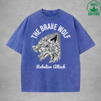 BOGGO  The Brave WolfInterest Printed Washed T-Shirt 230G Multicolor Loose Trendy Fashionable 100%Cotton Short Sleeve Top