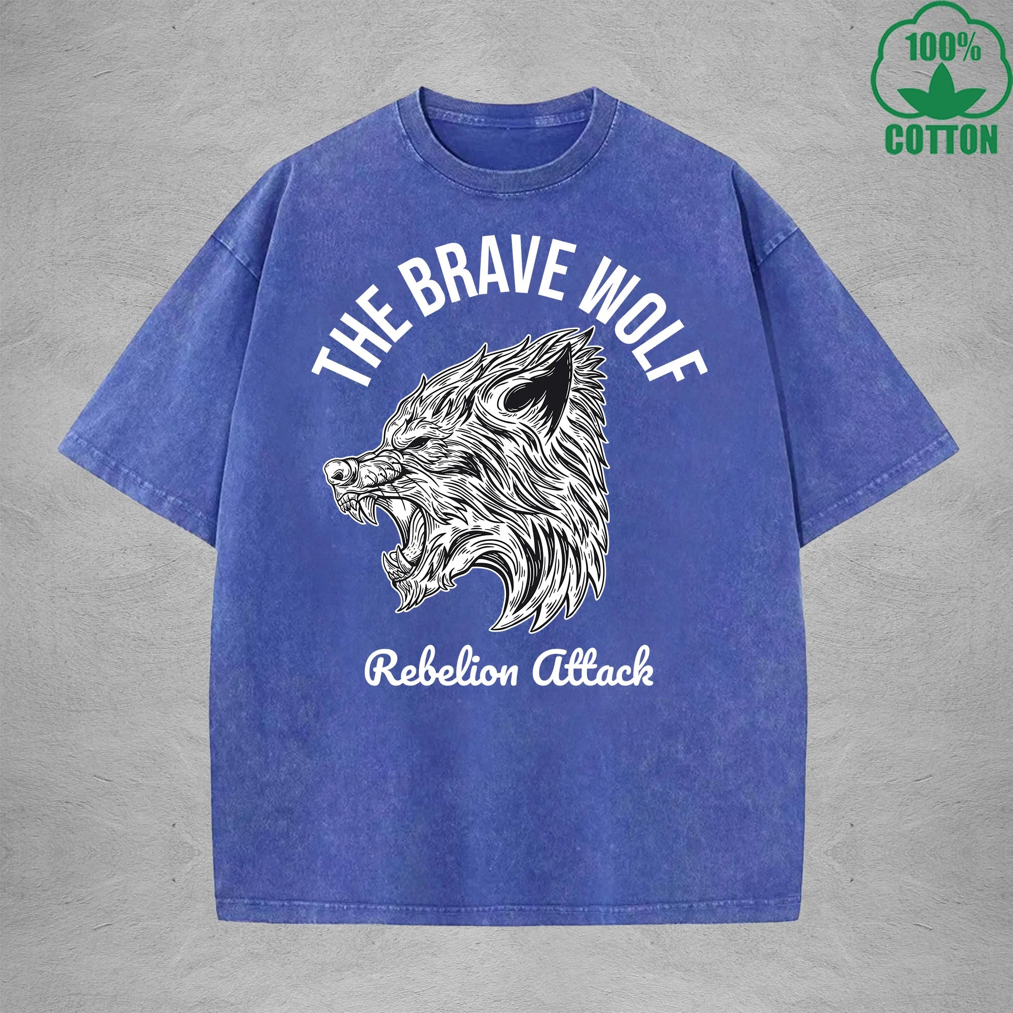 BOGGO  The Brave WolfInterest Printed Washed T-Shirt 230G Multicolor Loose Trendy Fashionable 100%Cotton Short Sleeve Top