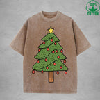 BOGGO  Christmas Tree Interest Printed Washed T-Shirt 230G Multicolor Loose Trendy Fashionable 100%Cotton Short Sleeve Top