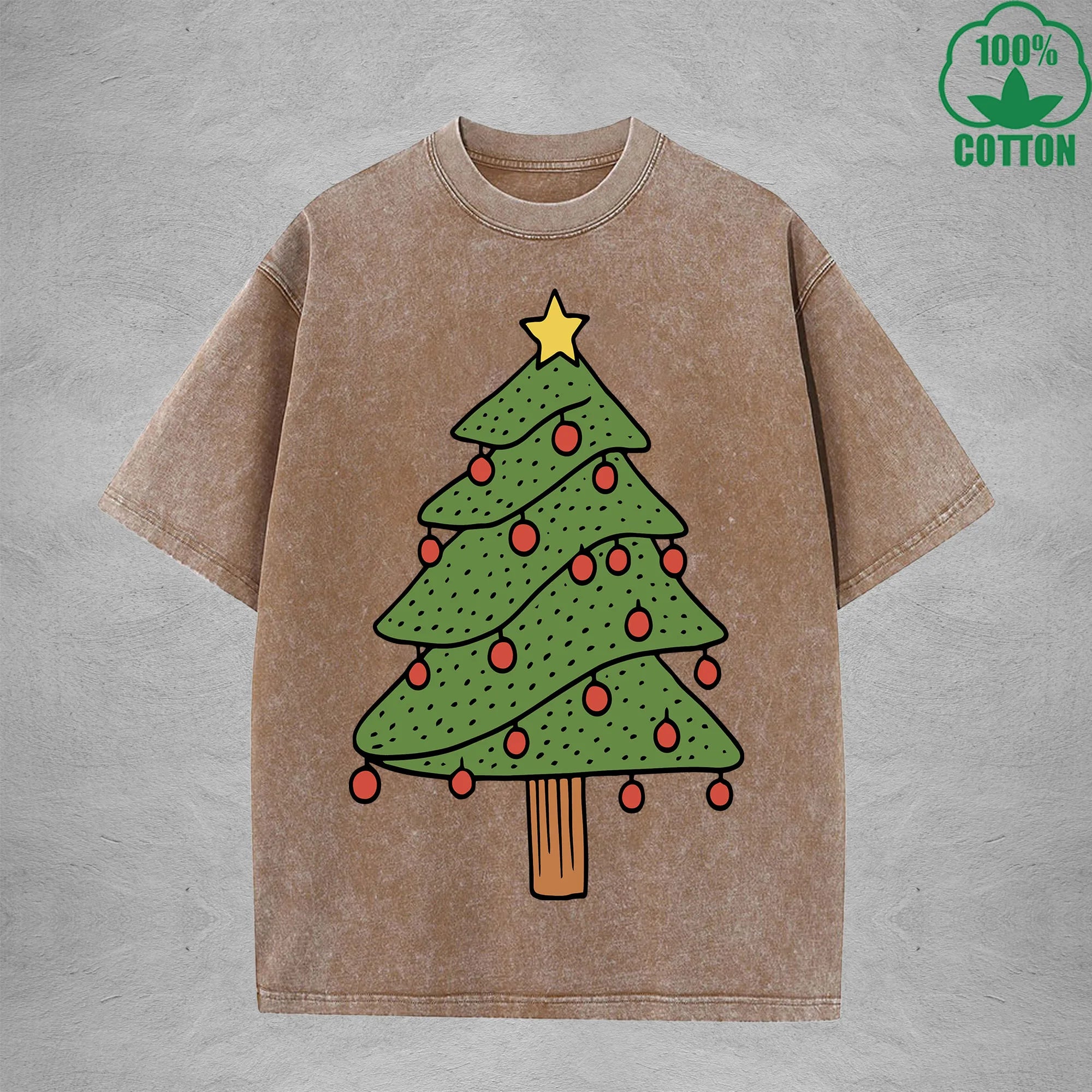BOGGO  Christmas Tree Interest Printed Washed T-Shirt 230G Multicolor Loose Trendy Fashionable 100%Cotton Short Sleeve Top
