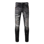 BOGGO High Street Men's Jeans American Distressed Dark Black Coated Blank Stretch Skinny Button Fly Ripped Pants Trousers