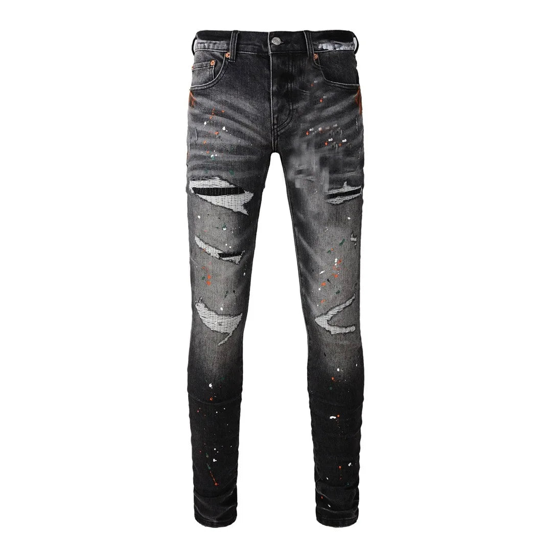 BOGGO High Street Men's Jeans American Distressed Dark Black Coated Blank Stretch Skinny Button Fly Ripped Pants Trousers