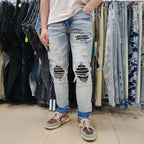 BOGGO Men Leather Pleated Patches Biker Jeans Streetwear Skinny Tapered High Stretch Denim Pants Holes Ripped Distressed Trousers