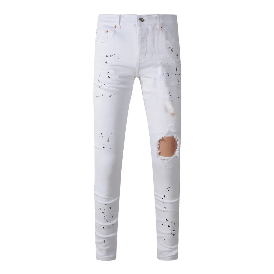 BOGGO High Street Men's Jeans American Distressed Dark Black Coated Blank Stretch Skinny Button Fly Ripped Pants Trousers