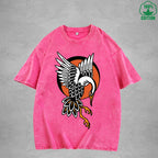 BOGGO  Red Crowned CraneInterest Printed Washed T-Shirt 230G Multicolor Loose Trendy Fashionable 100%Cotton Short Sleeve Top