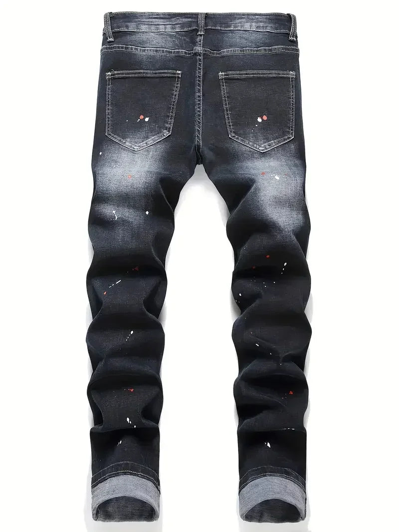 BOGGO Men y2k Stretchy Denim jeans Ripped Skinny Letter Print elastic waist Casual pants for men Hole Slim Fit Denim Hip Hop Trousers