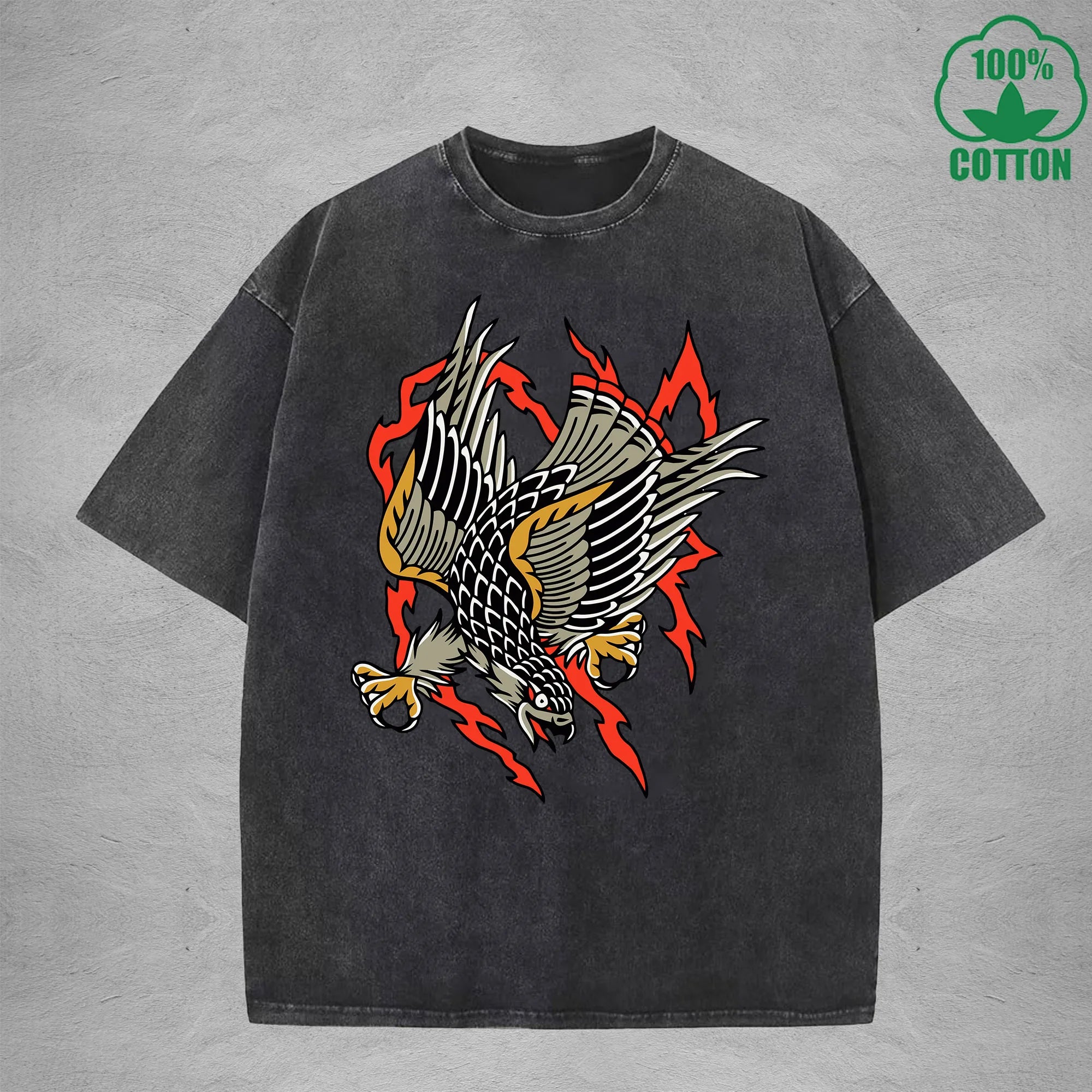 BOGGO  Aerial HunterInterest Printed Washed T-Shirt 230G Multicolor Loose Trendy Fashionable 100%Cotton Short Sleeve Top