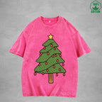 BOGGO  Christmas Tree Interest Printed Washed T-Shirt 230G Multicolor Loose Trendy Fashionable 100%Cotton Short Sleeve Top