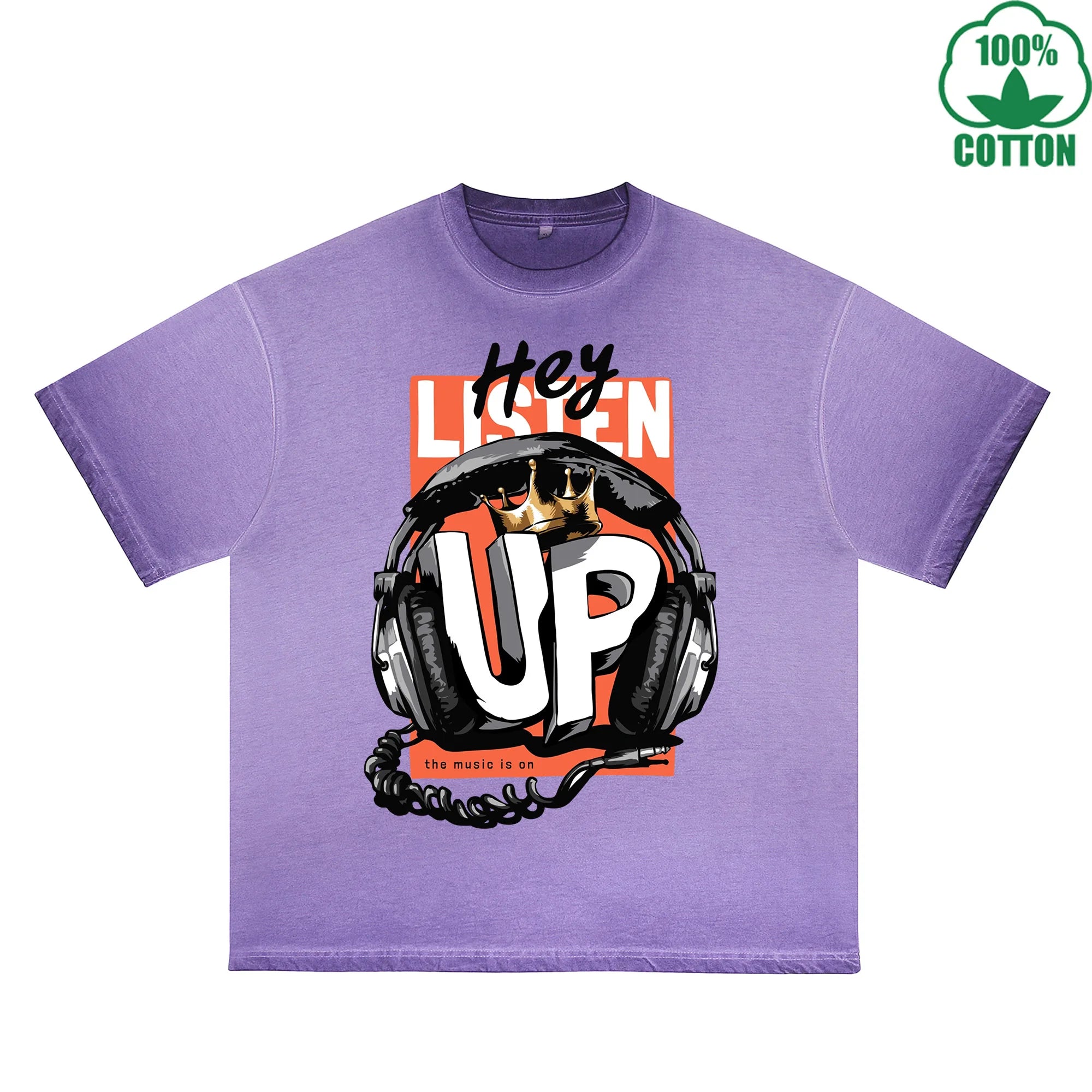 BOGGO  Hey Listen UP Printed Dirty WashT-Shirt 230G Multicolor Loose Trendy Fashionable 100%Cotton Short Sleeve Top