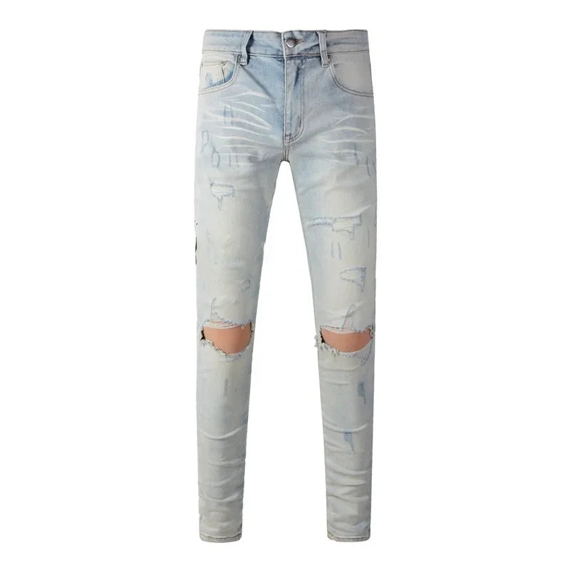 BOGGO Streetwear Men Jeans Fashion Trend American High Street Retro wash Low Rise Elastic Skinny Pleated Ripped Denim Pants