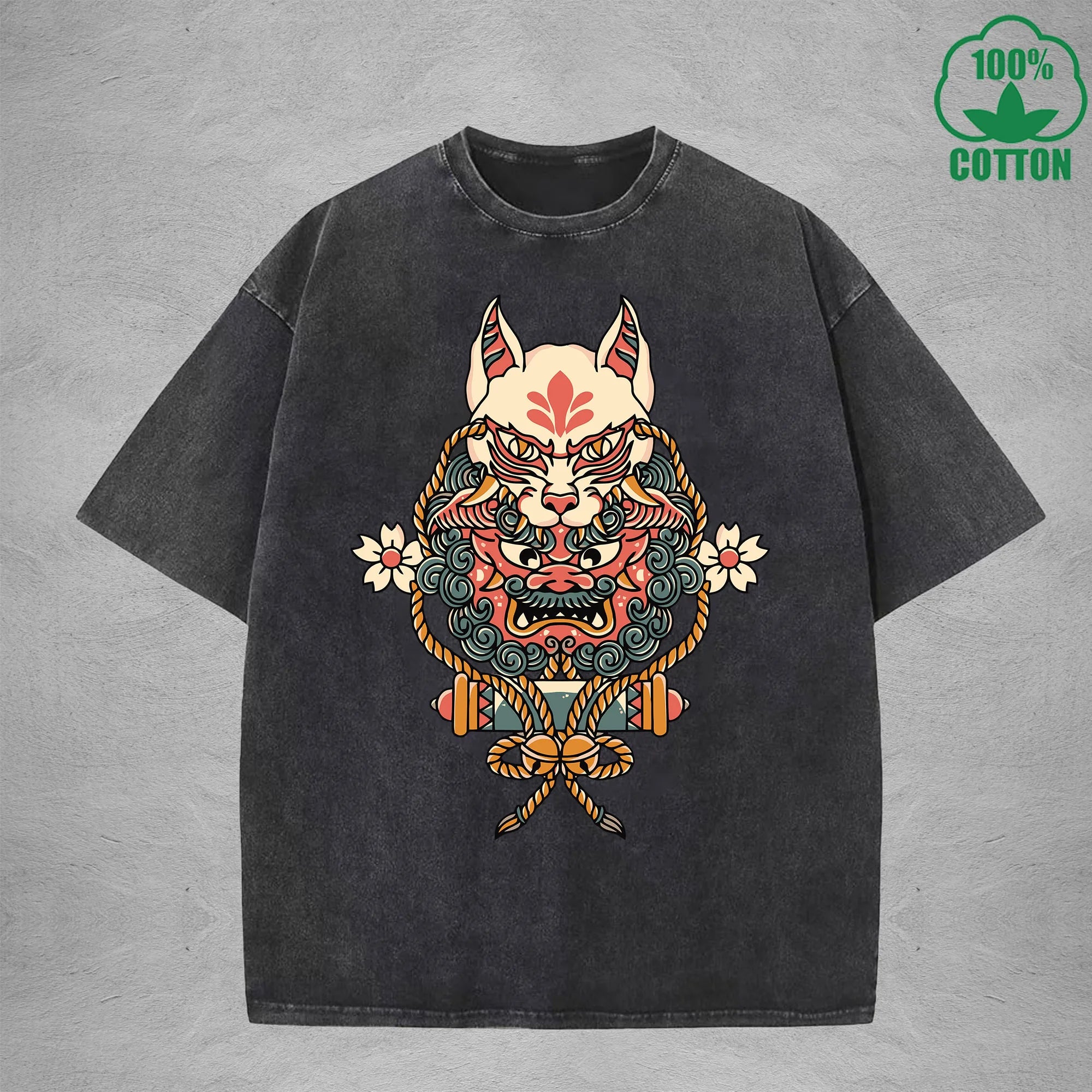 BOGGO  Demon MaskInterest Printed Washed T-Shirt 230G Multicolor Loose Trendy Fashionable 100%Cotton Short Sleeve Top