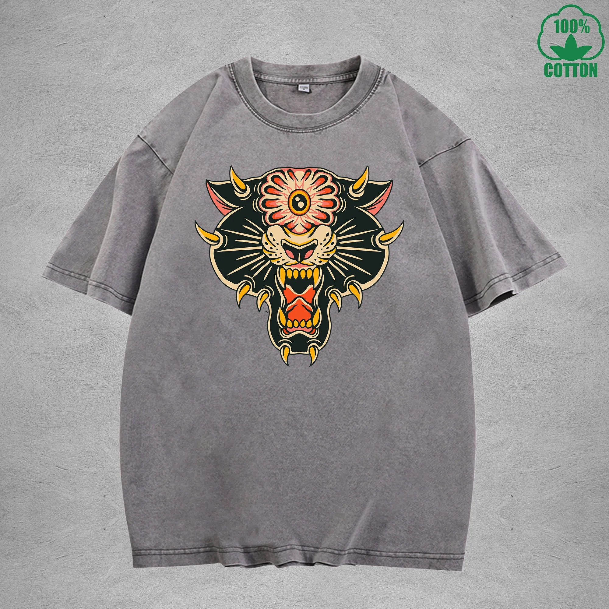 BOGGO  One Eyed TigerInterest Printed Washed T-Shirt 230G Multicolor Loose Trendy Fashionable 100%Cotton Short Sleeve Top