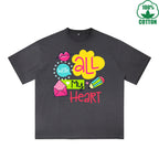 BOGGO  With All My Heart Printed Dirty WashT-Shirt 230G Multicolor Loose Trendy Fashionable 100%Cotton Short Sleeve Top