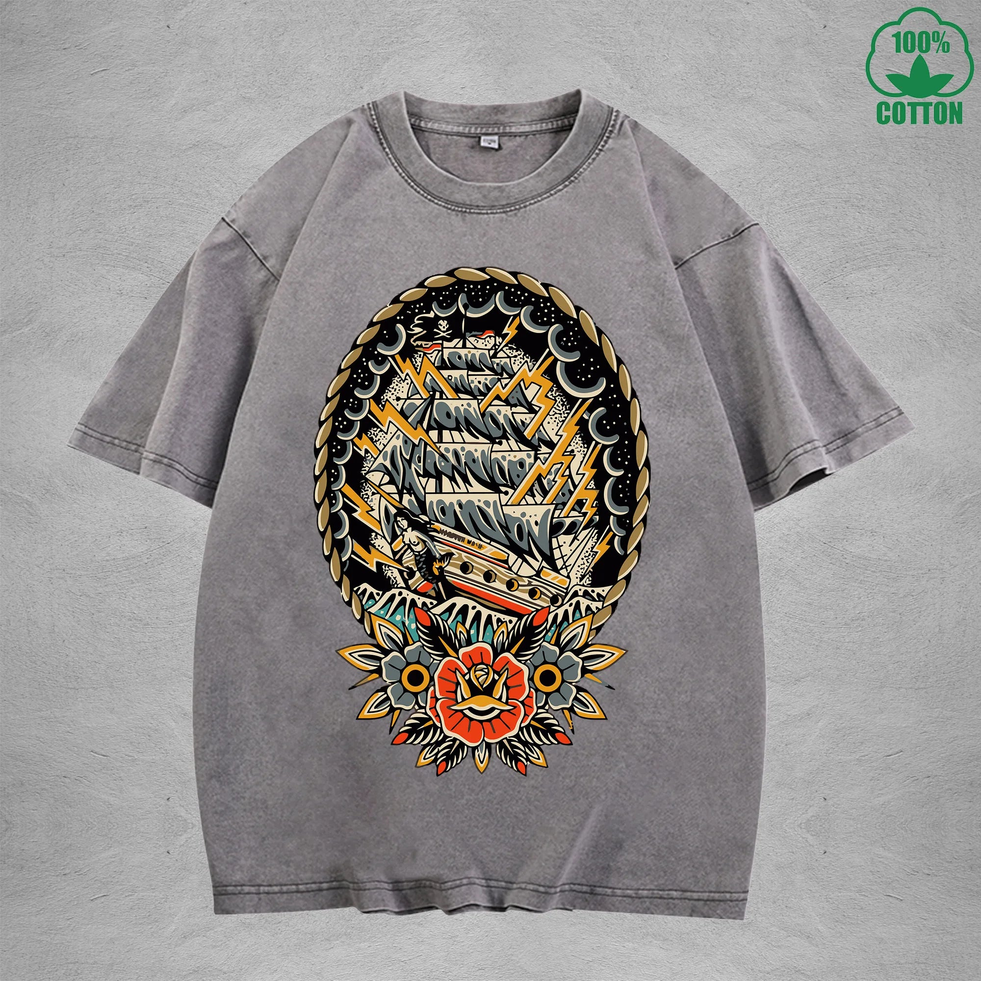 BOGGO  NavigationInterest Printed Washed T-Shirt 230G Multicolor Loose Trendy Fashionable 100%Cotton Short Sleeve Top