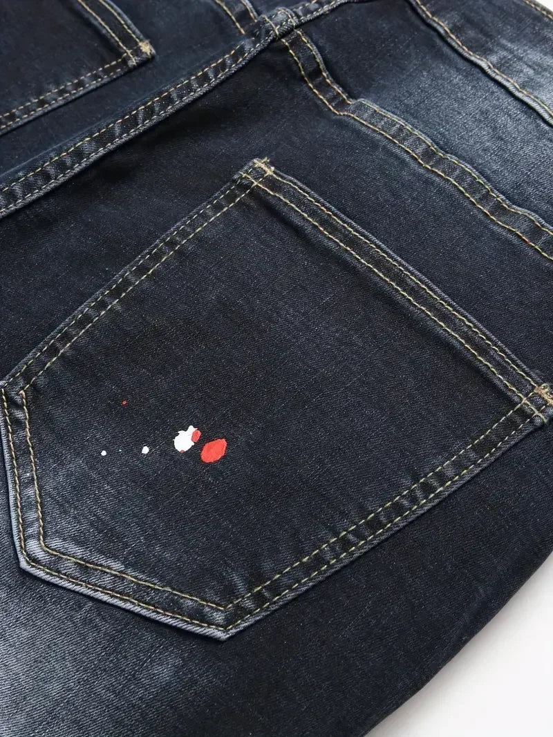 BOGGO Men y2k Stretchy Denim jeans Ripped Skinny Letter Print elastic waist Casual pants for men Hole Slim Fit Denim Hip Hop Trousers