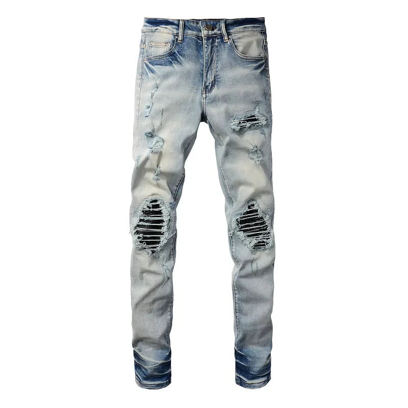 BOGGO Men Leather Pleated Patches Biker Jeans Streetwear Skinny Tapered High Stretch Denim Pants Holes Ripped Distressed Trousers