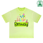 BOGGO  Happy Birthday Printed Dirty WashT-Shirt 230G Multicolor Loose Trendy Fashionable 100%Cotton Short Sleeve Top