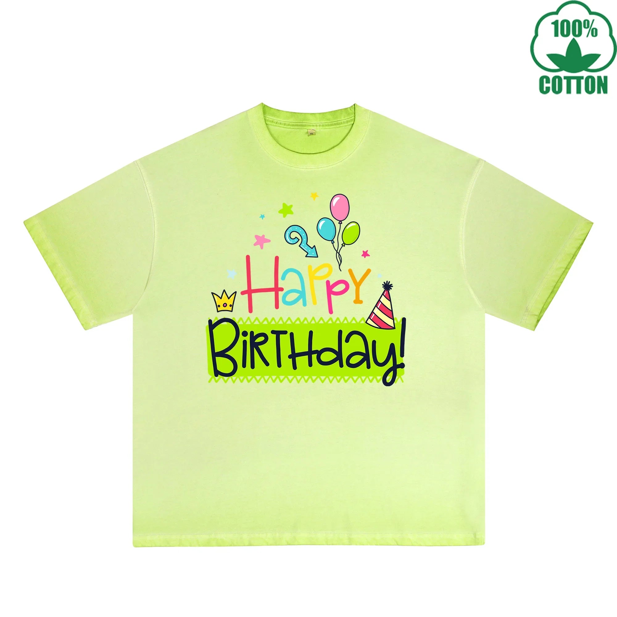 BOGGO  Happy Birthday Printed Dirty WashT-Shirt 230G Multicolor Loose Trendy Fashionable 100%Cotton Short Sleeve Top