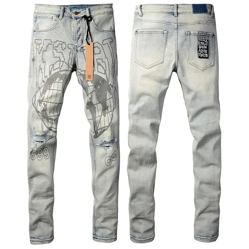 New KSUBI Jeans Men Paint Hole Trendy American High Street  Trend Low Rise Stretch Skinny Pleated Ripped Jeans